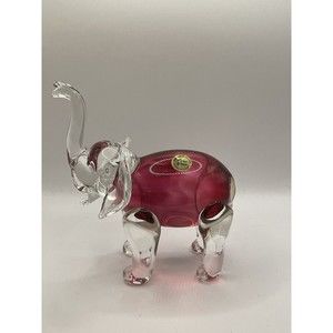 Rossi Glass Handmade Elephant With Cranberry Glass Trunk Up